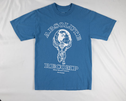 blue absolute recomp classic shirt holding the world 